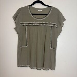 Garnet Hill Embroidered Top Organic Cotton Green Boho Peasant‎ Style M
